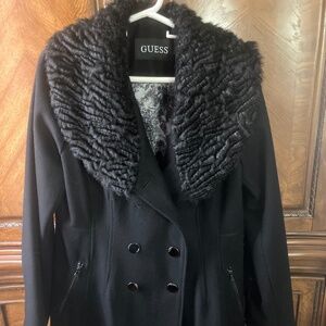 Guess Women's Faux Fur Collared Double-Breasted Coat in Black - Size L